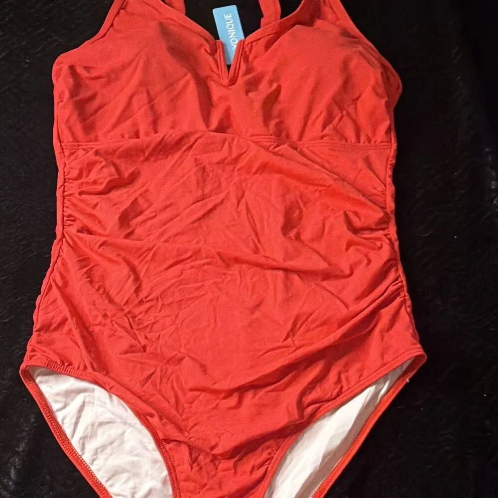 YONIQUE Women's Red Solid Ruched One Piece Swimsuit V-Wire Tummy Control, L